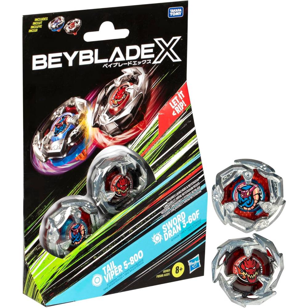 Beyblade X - Dual Pack - Tail Viper 5-800 (Stamina) &
Sword Dran 3-60F (Attack)